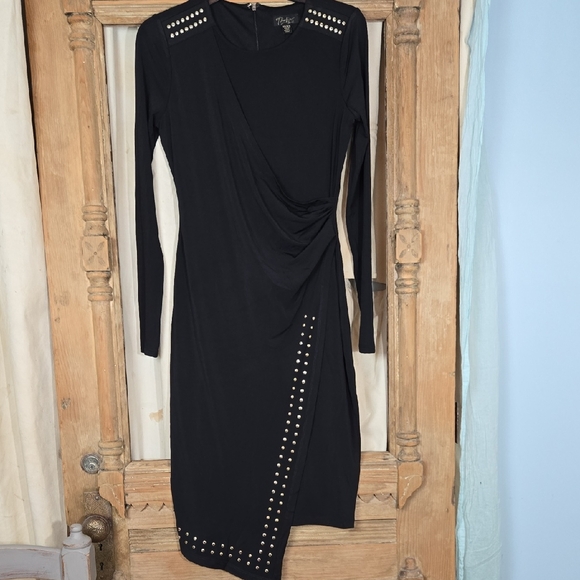 Elegant Black Studded Faux Wrap Dress In Size XS - Picture 3 of 11